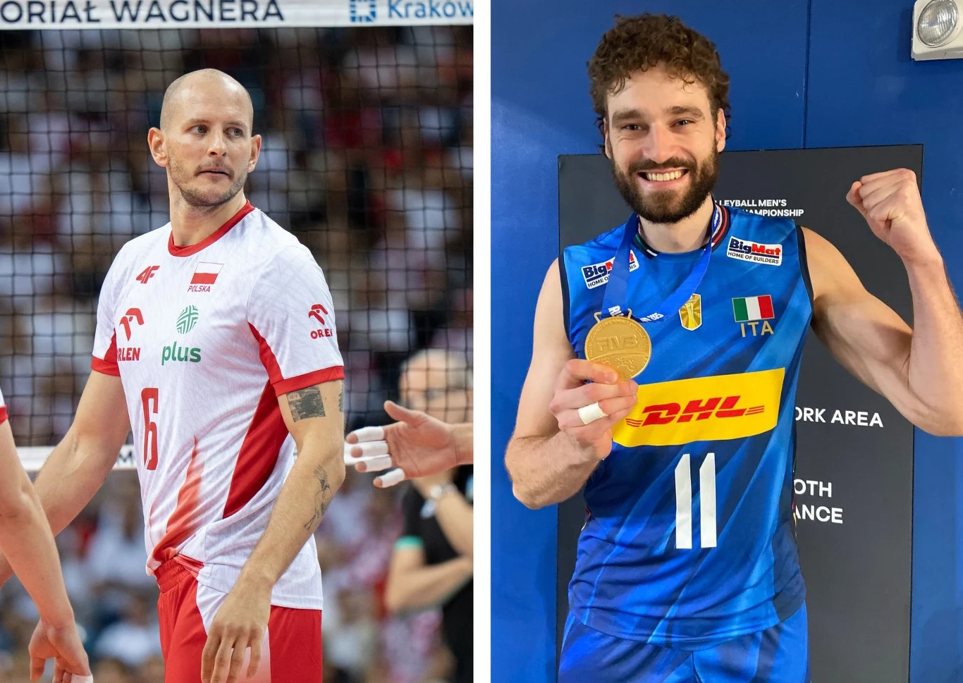 Kamil Rychlicki z dużym szacunkiem zareagował na pytanie o reprezentację Polski Po lewej stronie siatkarz w białym stroju z czerwonymi elementami i numerem 6, ze skupionym wyrazem twarzy, po prawej zawodnik w niebieskim stroju z medalem na szyi, uśmiechnięty i z zaciśniętą pięścią w geście zwycięstwa.