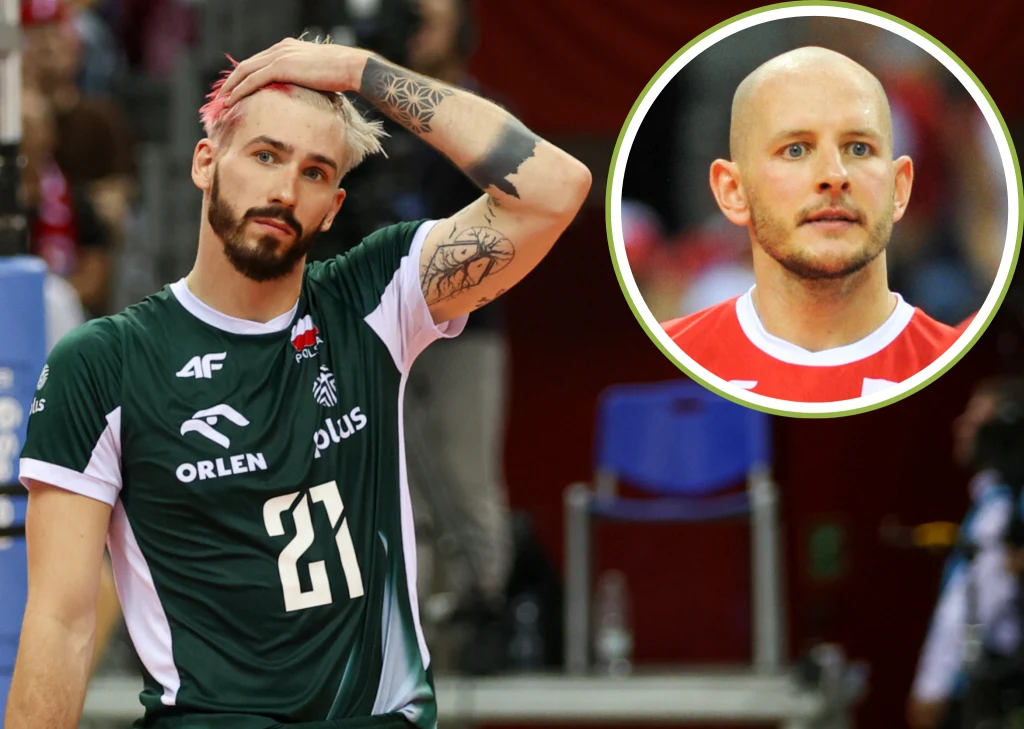 Na zdjęciu reprezentanci Polski: Tomasz Fornal oraz Bartosz Kurek - kapitan naszych siatkarzy Siatkarz w zielonym stroju z nr 21 z wyraźnym wyrazem zamyślenia lub rozczarowania, w tle widoczni kibice, w prawym górnym rogu okrągła wstawka z wizerunkiem innego zawodnika w czerwonym stroju.