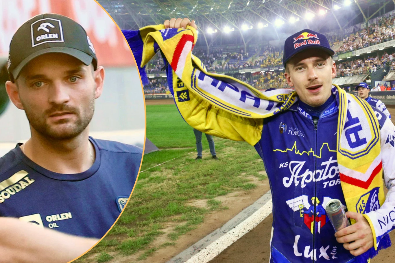 Żużlowiec w stroju klubowym świętuje zwycięstwo na stadionie, trzymając szalik i puszkę napoju, w tle widać rozświetlone trybuny z kibicami; na powiększonym fragmencie osoba w czapce z logiem Orlen.