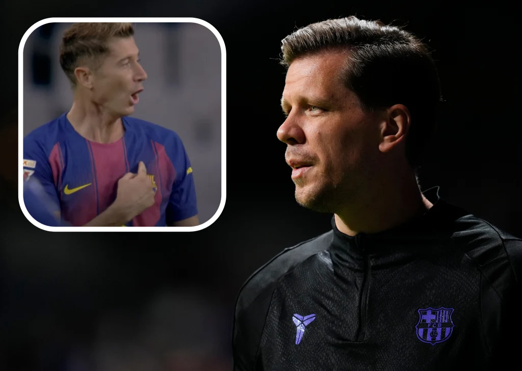Robert Lewandowski i Wojciech Szczęsny w barwach FC Barcelona Piłkarz w bluzie treningowej Barcelony patrzący w bok, w lewym górnym rogu wstawka z innym piłkarzem w koszulce Barcelony z ręką na sercu, wykonującym gest z zaskoczoną miną.