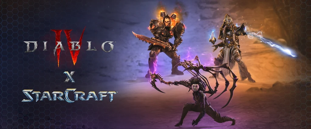Diablo 4 x StarCraft Trzy fantastyczne postacie, każda z charakterystyczną bronią oraz cechami przypisanymi uniwersum gier Diablo IV i StarCraft, dynamiczne oświetlenie podkreślające atmosferę walki, logo obu gier widoczne po lewej stronie.