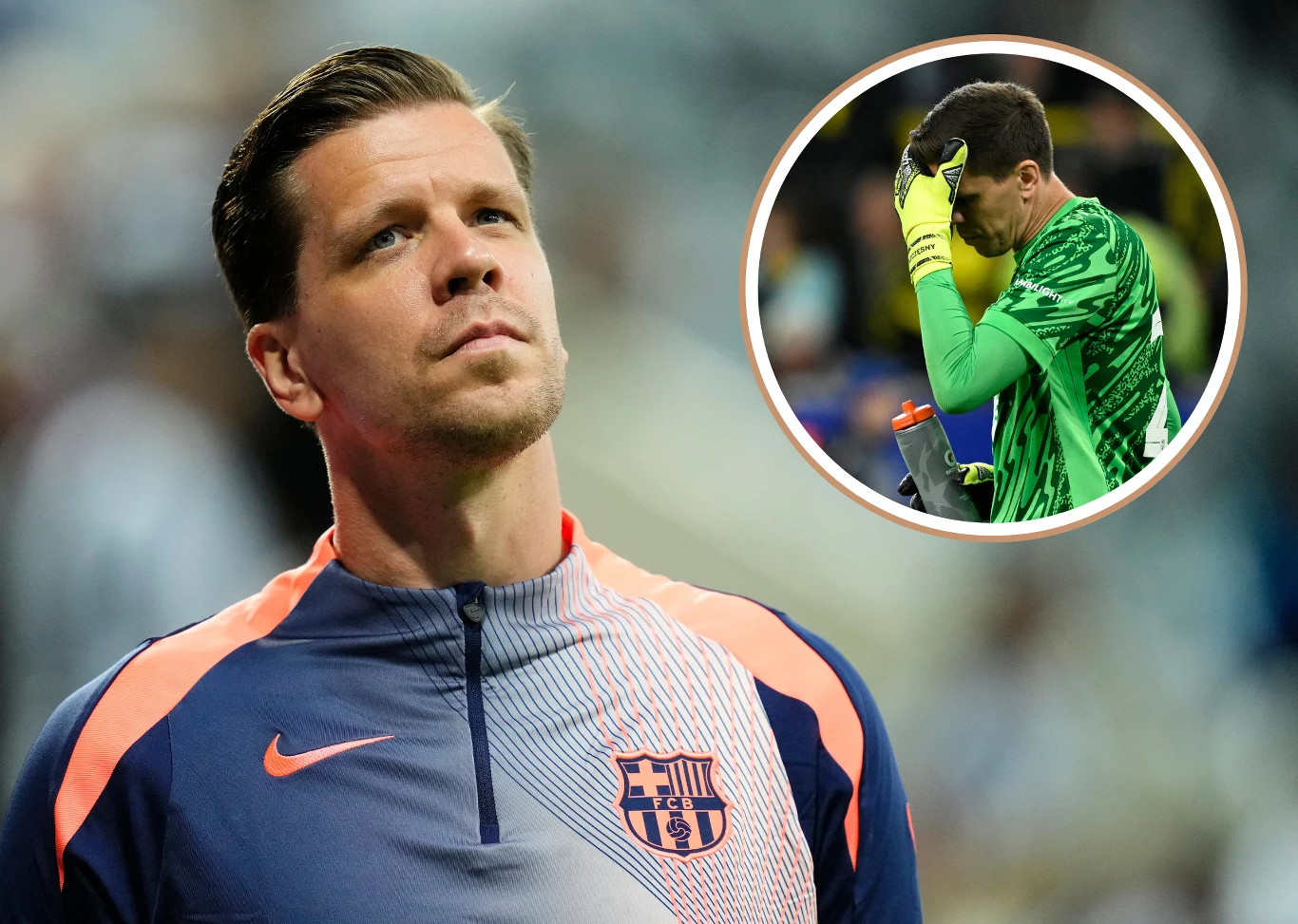 Wojciech Szczęsny w barwach FC Barcelona Mężczyzna w sportowej bluzie z herbem FC Barcelona patrzący w górę, w tle w okrągłym kadrze widoczny bramkarz w zielonym stroju wycierający twarz ręką.