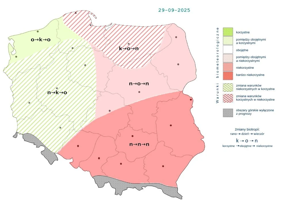 Na południowym wschodzie przez cały poniedziałek warunki będą niekorzystne. Na zachodzie z czasem poprawią się do korzystnych Mapa biometeorologiczna Polski na dzień 29-09-2025 z podziałem na regiony i oznaczeniami wskazującymi poziom korzystności warunków biometeorologicznych, wykorzystująca różne kolory i wzory do zobrazowania zmian w różnych częściach kraju.