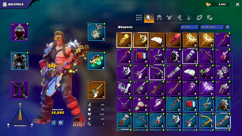 Out of Time Ekran ekwipunku postaci w grze komputerowej, kolorowy bohater uzbrojony w gitarę elektryczną i zbroję, liczne przedmioty i bronie widoczne w siatce po prawej stronie ekranu, przeważają motywy fantastyczne, niektóre bronie mają niecodzienne kształty.