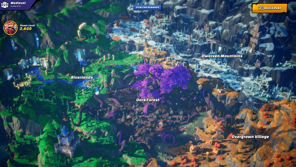 Out of Time Kolorowa mapa fantasy przedstawiająca różnorodne regiony, takie jak las, góry krasnoludów, zarośnięta wioska, rzeka oraz centralnie położony ciemny las z fioletowymi drzewami. Każda kraina jest czytelnie oznaczona nazwą.