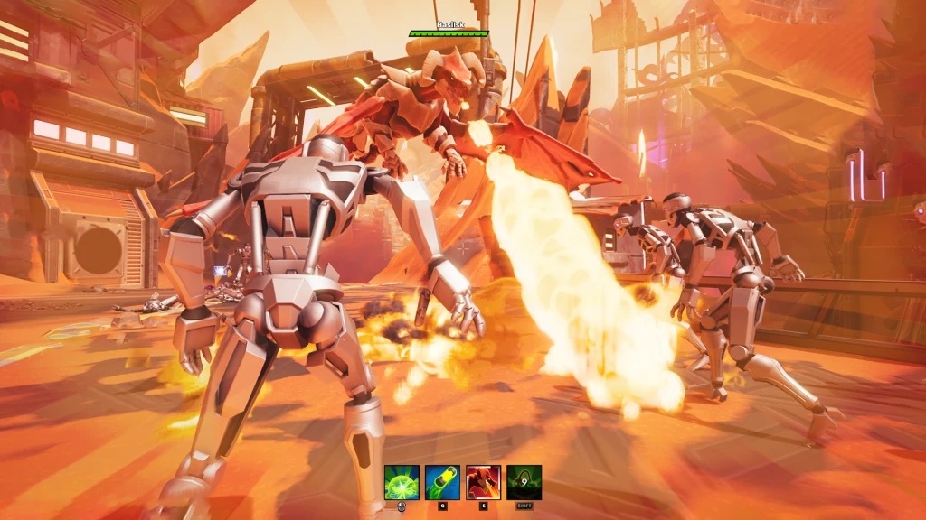 Out of Time Scena futurystycznej bitwy, w której roboty atakują mechanicznego smoka ziejącego ogniem, otoczenie jest futurystyczne z dominantą pomarańczowych i czerwonych barw, interfejs gry widoczny na dole obrazu.