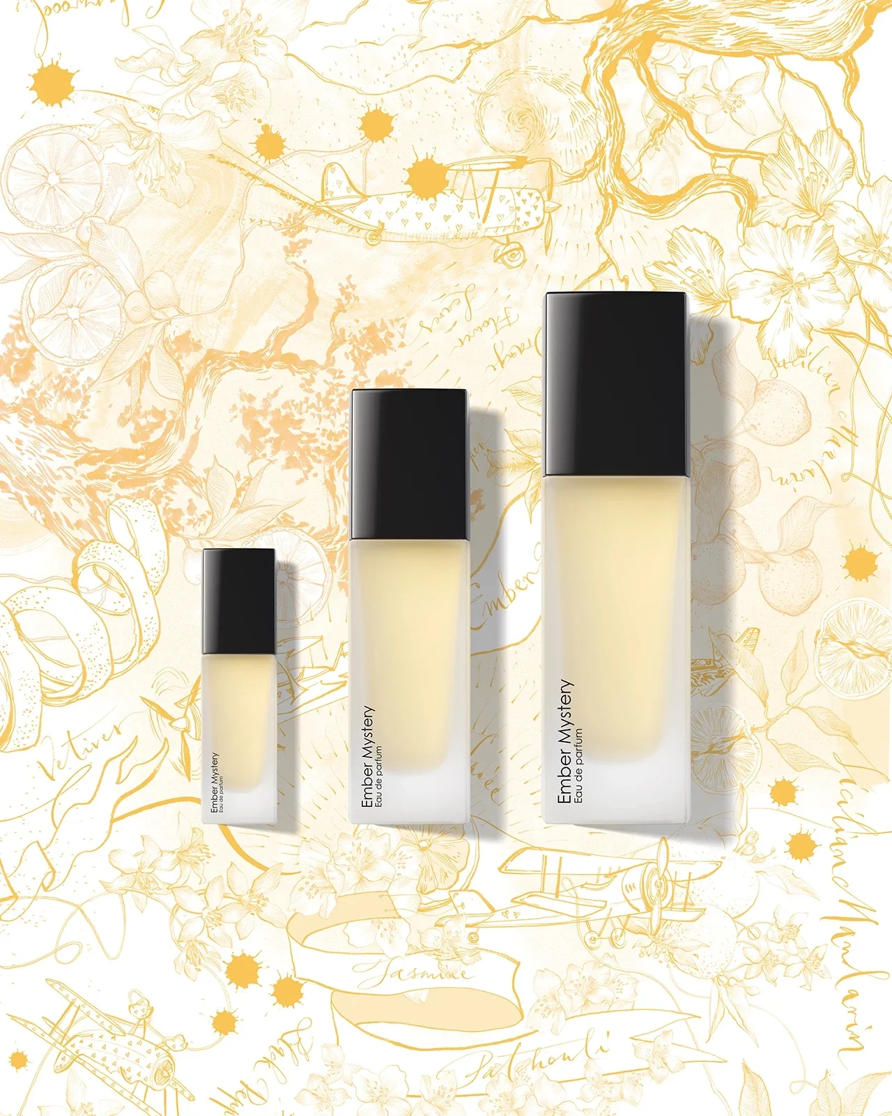 Dobór zapachu do osobowości i stylu Trzy eleganckie butelki perfum w różnych rozmiarach ustawione pionowo na tle jasnej, artystycznej grafiki z żółtymi i sepiowymi elementami kwiatowymi oraz abstrakcyjnymi detalami.