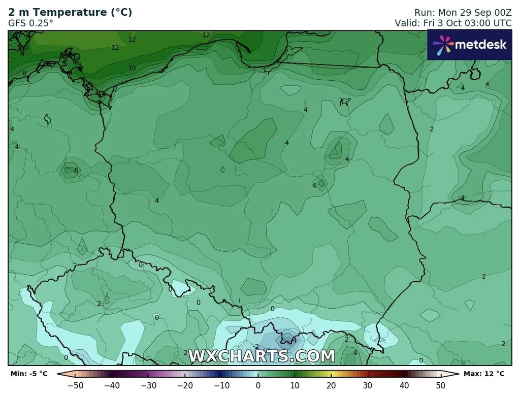 Mapa Polski przedstawiająca prognozowane temperatury przy gruncie według skali kolorystycznej, z wyraźnymi niższymi wartościami w południowej części kraju oraz stopniowym wzrostem temperatur na północy.