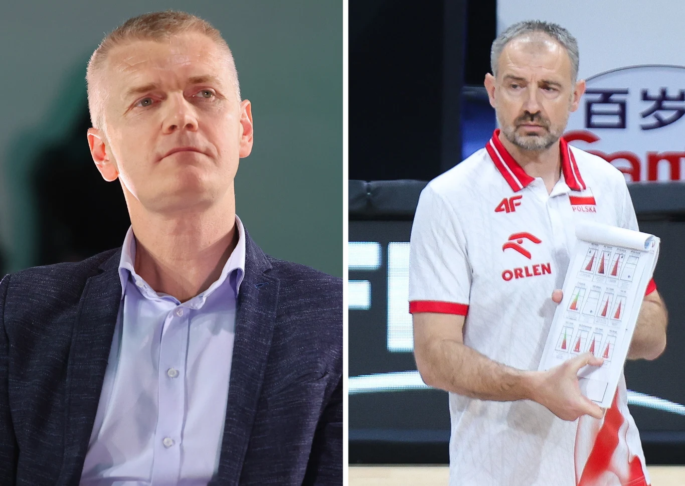 Paweł Zagumny i Nikola Grbić Po lewej stronie mężczyzna w garniturze z poważnym wyrazem twarzy na tle neutralnym, po prawej stronie trener w białej koszulce z logo Orlen trzymający tablicę taktyczną na tle hali sportowej.