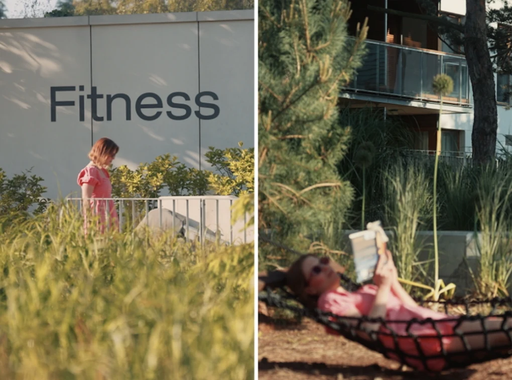 Po lewej stronie dziecko spacerujące wśród roślin przy ścianie z napisem 'Fitness', po prawej osoba w różowej sukience relaksująca się w hamaku z książką w ręku, otoczona zielenią.