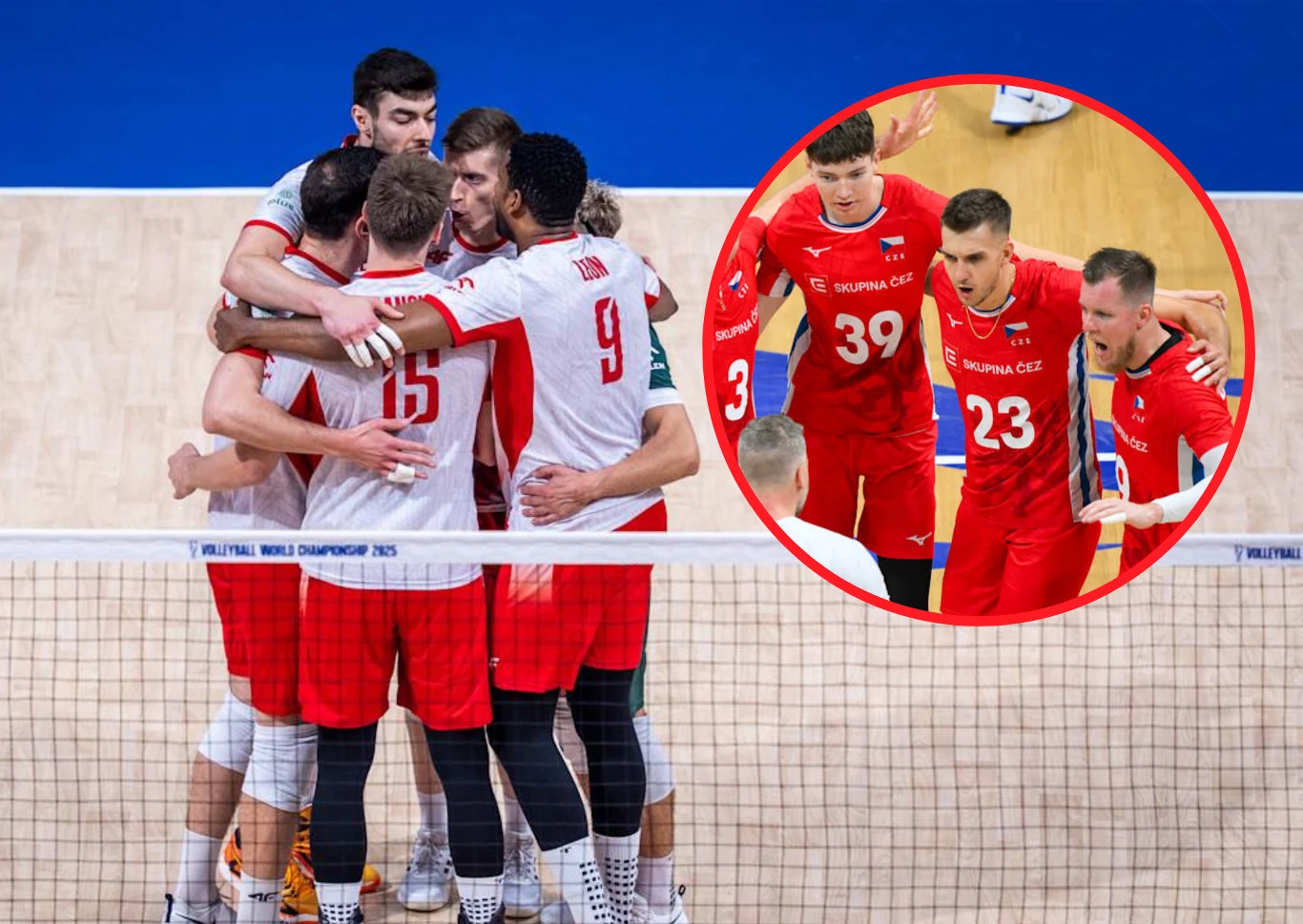 Adam Zajicek (w kółku z prawej) po meczu z Polską ogłosił decyzję na temat swojej przyszłości Grupa siatkarzy w biało-czerwonych strojach wspólnie celebruje punkt zdobyty na boisku do siatkówki, a w okrągłej wstawce widoczni są zawodnicy w czerwonych strojach omawiający akcję podczas przerwy.