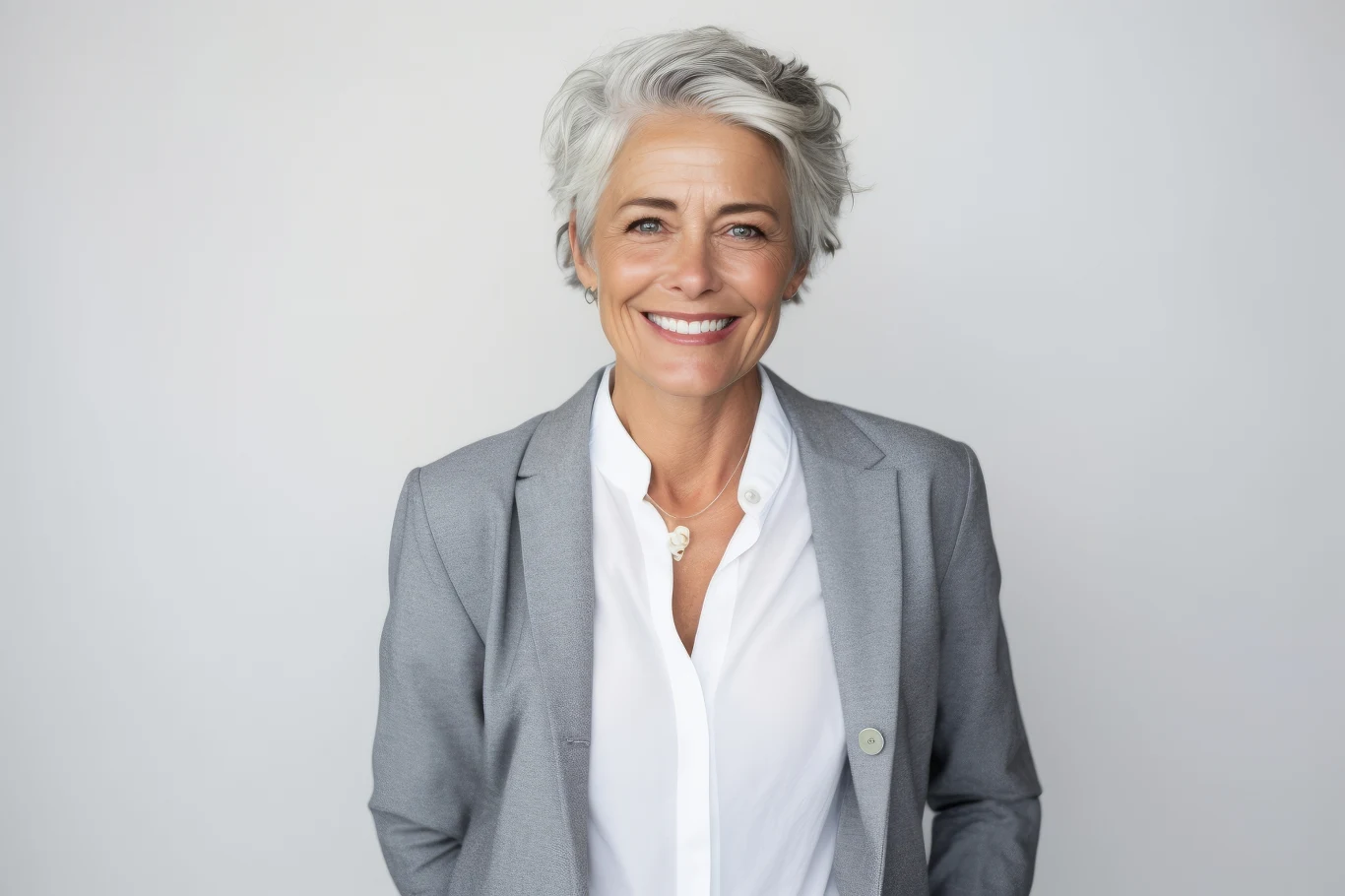 Wróżka Diana ułożyła tarota dla wszystkich znaków. Sprawdź, co się wydarzy w poniedziałek Uśmiechnięta kobieta o siwych włosach w krótkiej fryzurze, ubrana w szary garnitur i białą koszulę, stoi na tle jasnej, jednolitej ściany