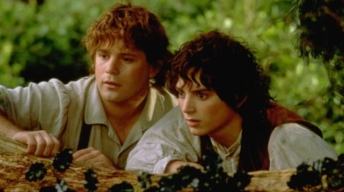 Dwóch młodych mężczyzn obserwuje coś zza pnia drzewa, obaj ubrani w jasne koszule, otoczeni gęstą zielenią.