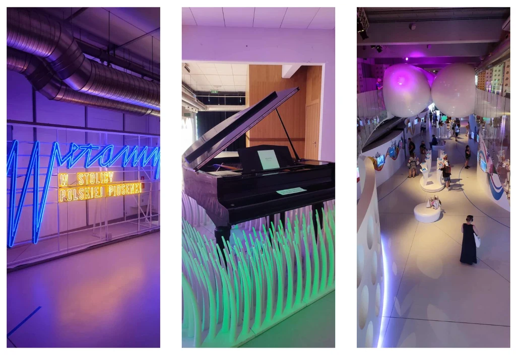 Neon z napisem, fortepian otoczony dekoracją świetlną oraz korytarz ekspozycyjny z instalacją artystyczną, unoszącymi się kulami i zwiedzającymi.