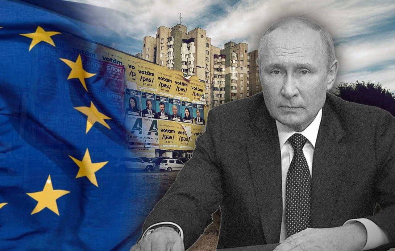 Mołdawianie wybrali integrację z Unią Europejską. Jaki będzie kolejny krok Władimira Putina? Flaga Unii Europejskiej zajmuje lewą część kadru, obok wizerunek znanej osoby publicznej w garniturze, w tle budynki mieszkalne i plakaty wyborcze zamieszczone na blokach.