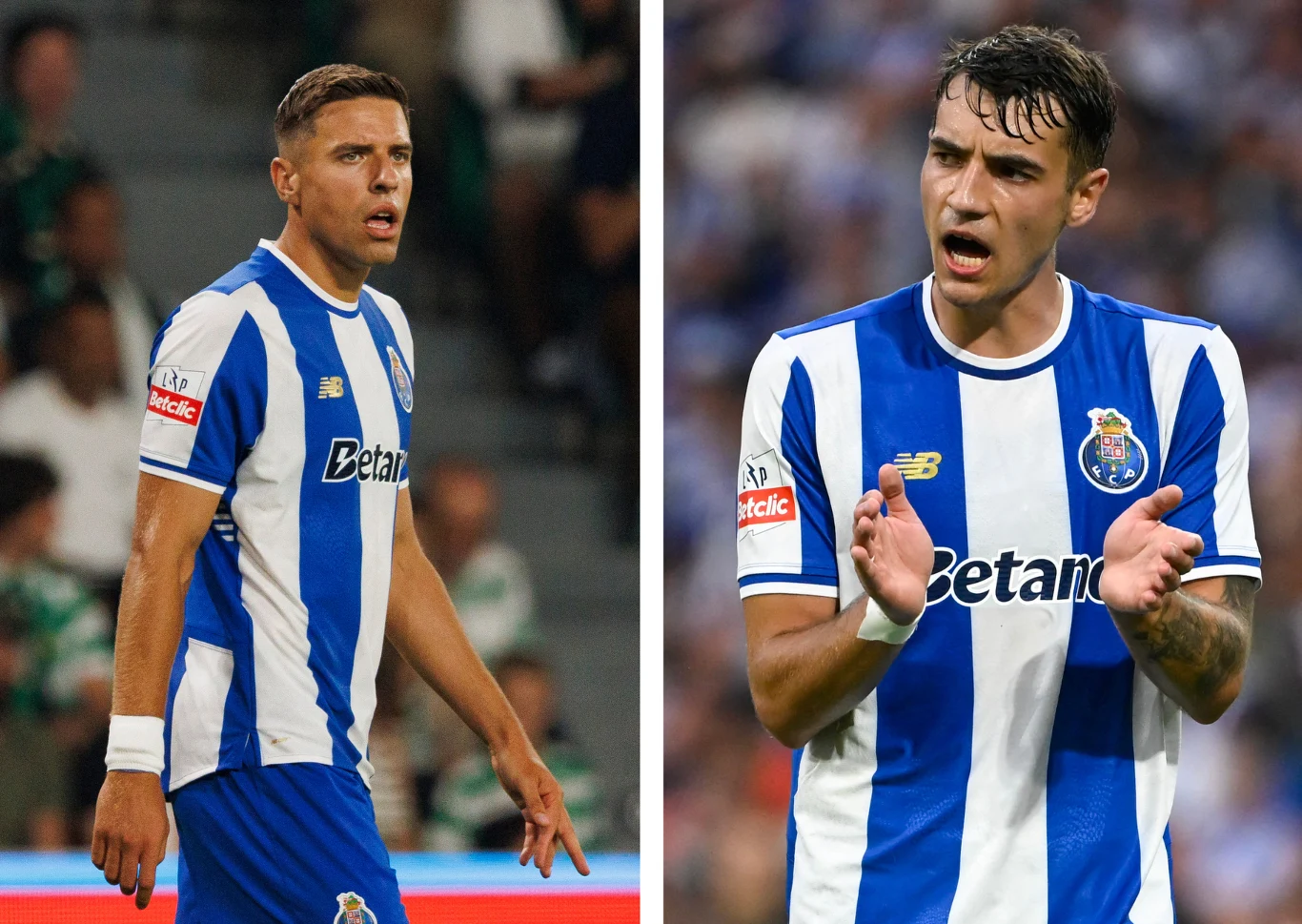 Jan Bednarek i Jakub Kiwior Dwóch piłkarzy w niebiesko-białych strojach drużyny FC Porto, jeden z nich stoi z poważnym wyrazem twarzy, drugi jest w trakcie gestykulowania, obaj znajdują się na boisku piłkarskim podczas meczu.
