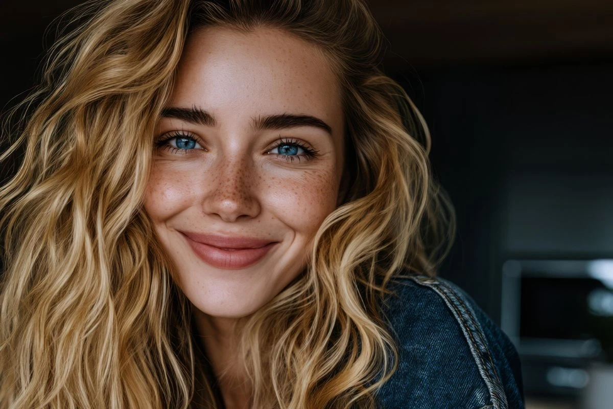 Młoda kobieta z długimi, falowanymi blond włosami, szerokim uśmiechem i niebieskimi oczami, ubrana w dżinsową kurtkę, patrzy prosto w obiektyw na tle rozmytego ciemnego wnętrza.