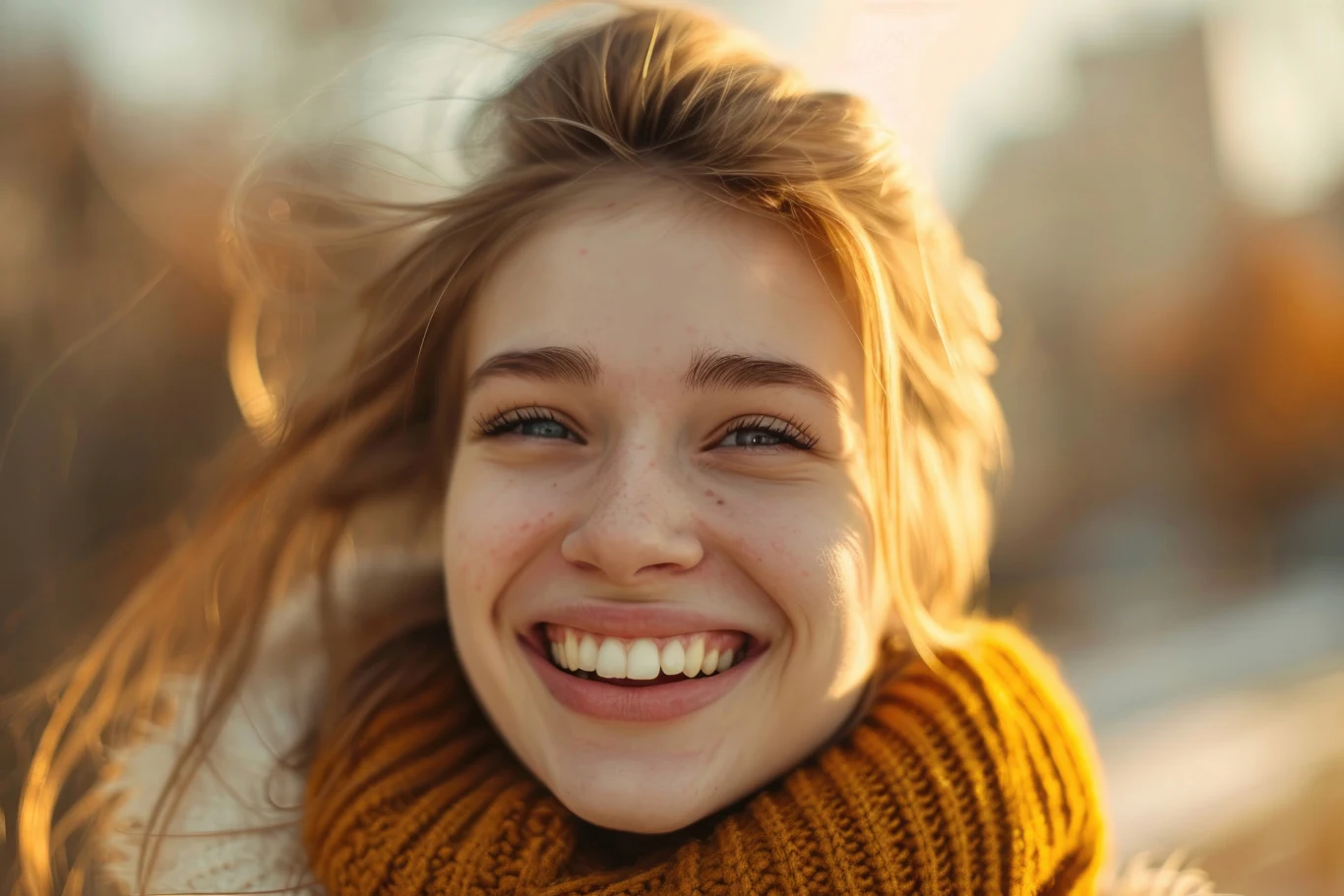 Młoda kobieta z długimi blond włosami uśmiecha się szeroko do obiektywu, ubrana w ciepły, żółty szalik, światło słoneczne podkreśla jej radosny wyraz twarzy, rozmyte tło sugeruje jesienny plener.