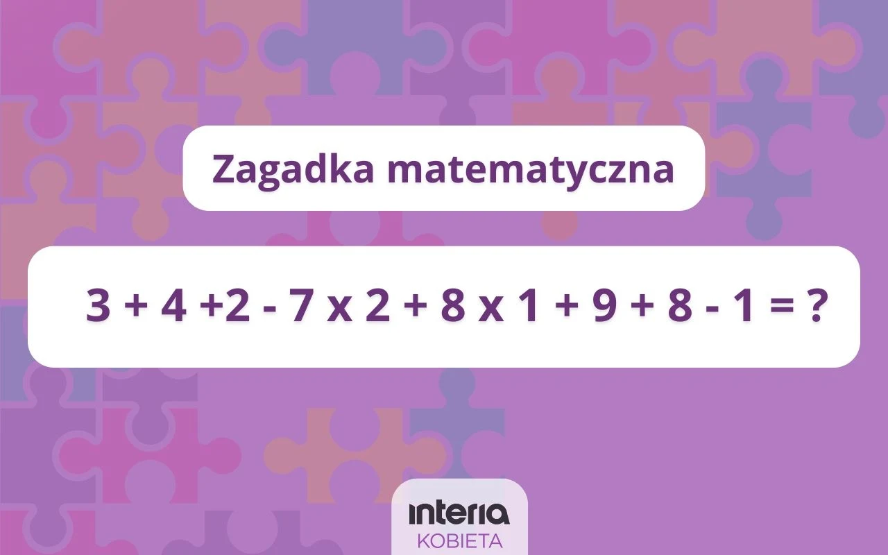 Jak szybko potrafisz liczyć? Zadanie na plastyczny umysł Równanie matematyczne z działaniami dodawania, odejmowania i mnożenia na tle w odcieniach fioletu z grafiką układanki oraz napisem z nazwą portalu