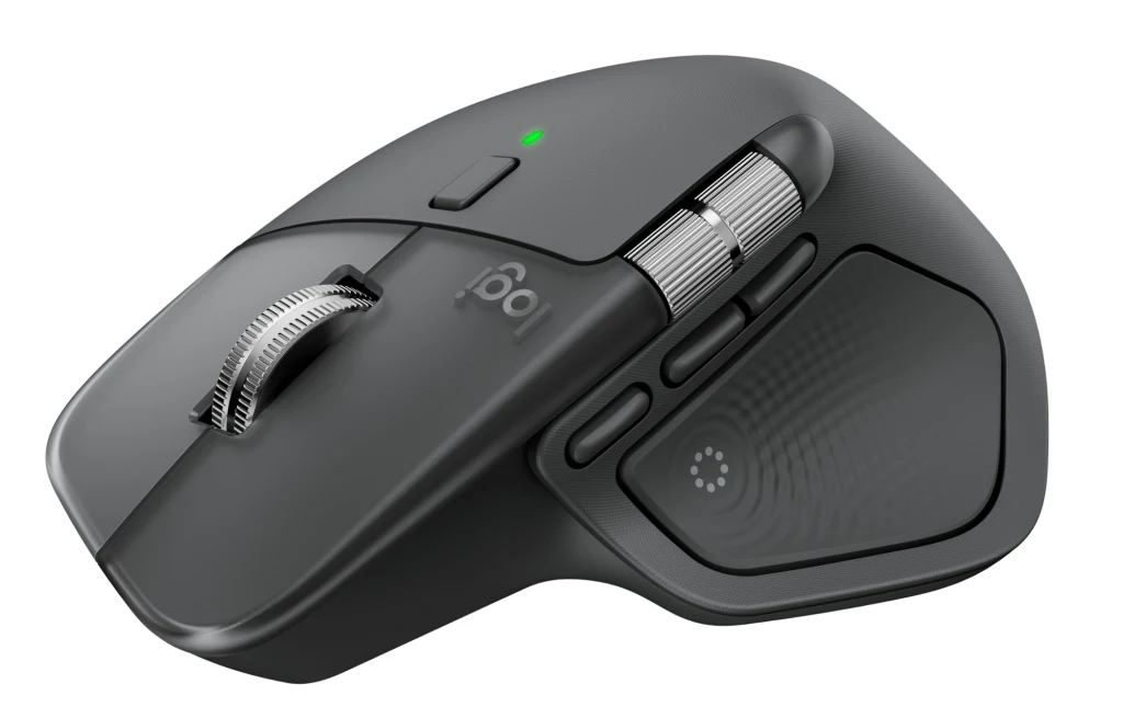 Bezprzewodowa mysz komputerowa w kolorze czarnym z ergonomicznym kształtem, metalową rolką przewijania i kilkoma bocznymi przyciskami funkcyjnymi, przeznaczona dla użytkowników komputerów stacjonarnych i laptopów.