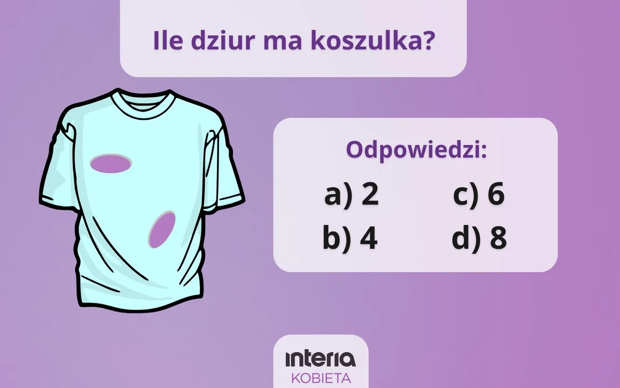 Test na inteligencję: Ile dziur ma ta koszulka? Rysunek błękitnej koszulki z dwoma widocznymi dziurami, po prawej stronie umieszczone są cztery warianty odpowiedzi na pytanie o liczbę dziur w koszulce, a w tle widoczna jest fioletowa grafika.
