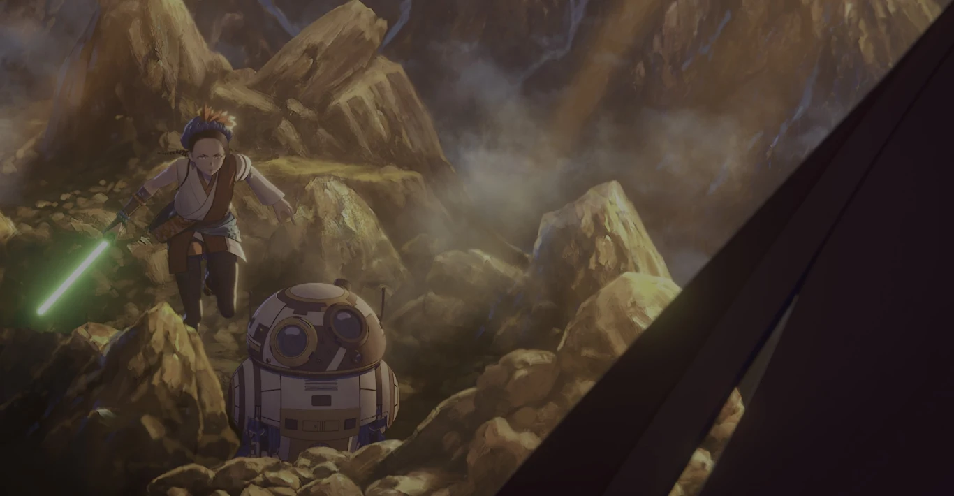 Od 29 października będą dostępne wszystkie odcinki w Disney+. Postać ludzka z mieczem świetlnym oraz robot przypominający droida BB-8 przemierzają skalisty krajobraz, otoczeni mgłą i oświetleni światłem, całość utrzymana w stylu animacji.