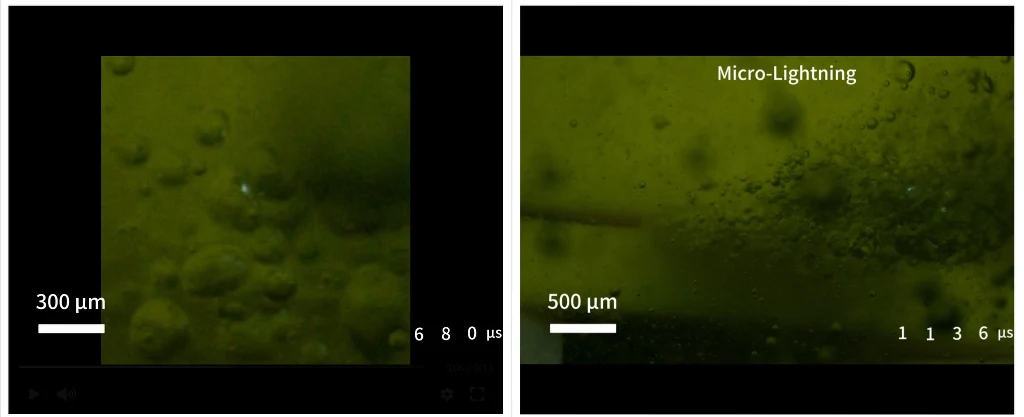 Zbliżenie na procesy mikro-wyładowań w płynie, widoczne drobne pęcherzyki gazu oraz obecność wyładowania opisanego jako Micro-Lightning, tło o zielonkawym zabarwieniu, skale pomiarowe informują o wymiarach w mikrometrach.