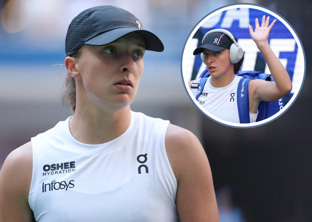 Iga Świątek Młoda kobieta w sportowej koszulce i czapce z daszkiem na głowie, w tle okrągła wstawka ukazująca ją w słuchawkach i podnoszącą rękę, atmosfera sportowej rywalizacji.