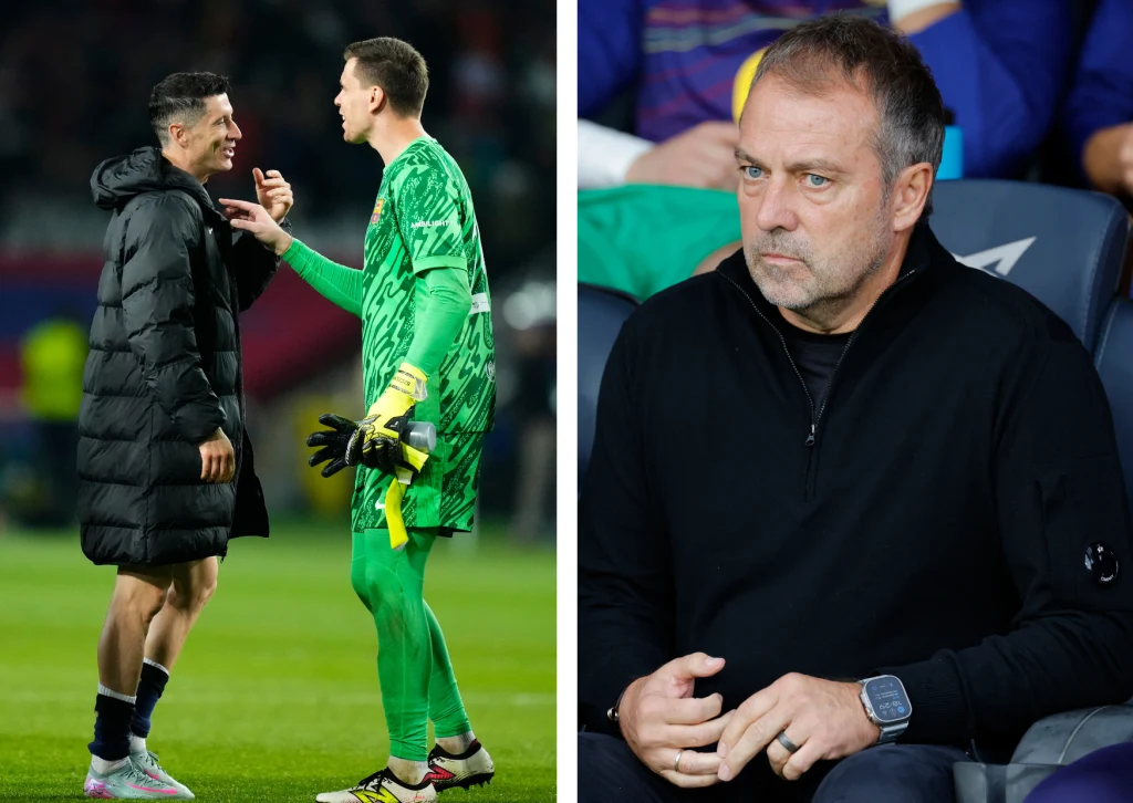 Robert Lewandowski, Wojciech Szczęsny, Hansi Flick Po lewej stronie dwóch piłkarzy, jeden ubrany w długi czarny płaszcz, drugi w zielonym stroju bramkarskim, rozmawiają na boisku. Po prawej starszy mężczyzna ubrany na czarno siedzi na ławce trenerskiej z poważnym wyrazem twarzy.