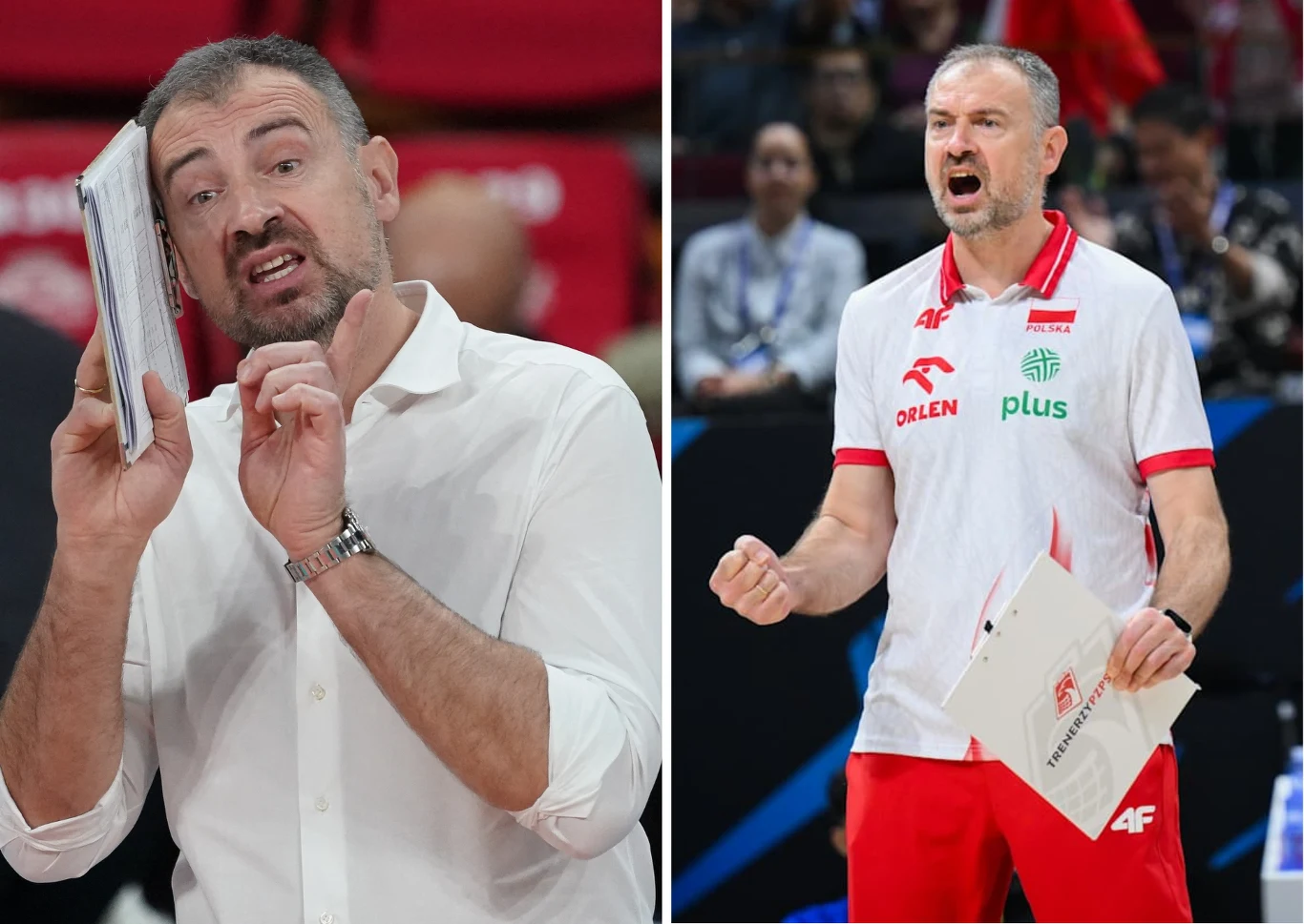 Trener siatkarski podczas meczu, energicznie gestykulujący oraz trzymający notatki, ujęcie pokazuje emocje i zaangażowanie szkoleniowca.