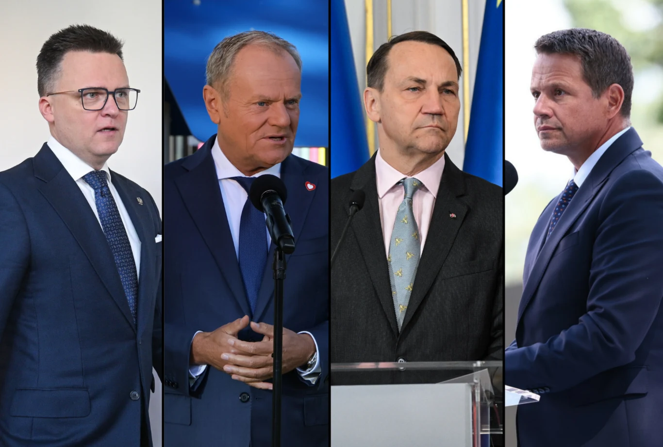 A co jeśli Donald Tusk ustąpi z funkcji premiera? Kto byłby jego potencjalnym następcą? W sondażu zapytano m.in. o Szymona Hołownię, Radosława Sikorskiego i Rafała Trzaskowskiego Czterech mężczyzn w garniturach stoi w pojedynczych kadrach obok siebie, każdy skierowany w inną stronę, tło z elementami flag oraz mikrofon.