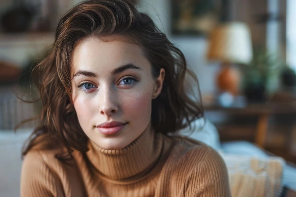 Młoda kobieta o jasnych oczach i długich brązowych włosach ubrana w beżowy golf siedzi w przytulnym, jasnym pomieszczeniu z rozmytym tłem.