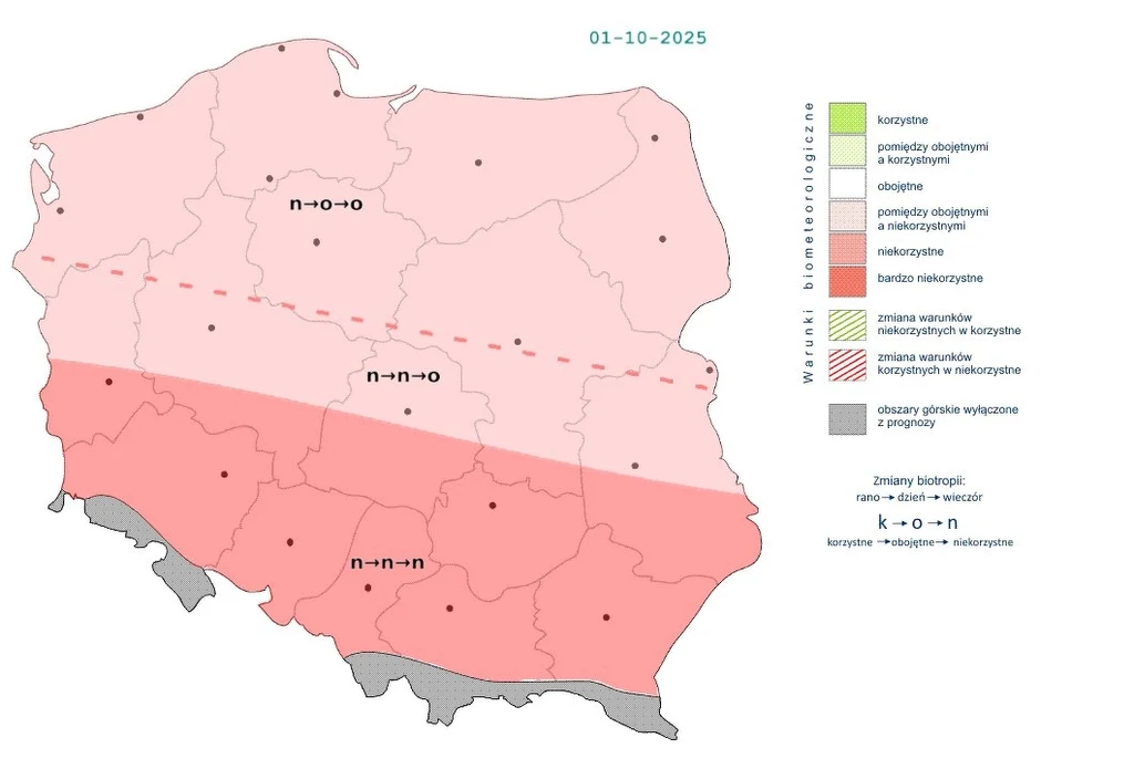 Mapa Polski z oznaczonymi strefami biotermicznymi aktualnymi na dzień 1 października 2025 roku, przedstawiająca zmiany warunków bioklimatycznych oraz obszary o różnej klasie komfortu cieplnego.