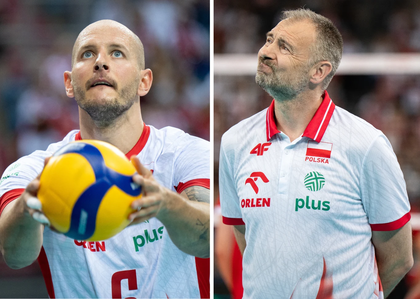 Po lewej stronie sportowiec w stroju reprezentacji Polski z piłką do siatkówki przygotowuje się do serwisu, po prawej trener w oficjalnym ubraniu kadry narodowej obserwuje sytuację na boisku.