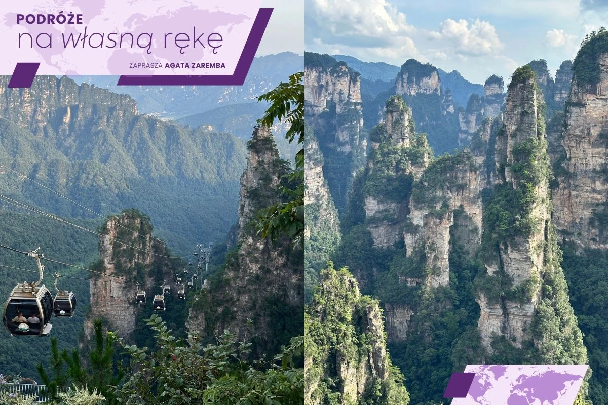 Park Narodowy Zhangjiajie to wyjątkowe miejsce na skalę światową Wysokie wapienne skały porośnięte zielenią tworzące spektakularny krajobraz górski, pomiędzy którymi kursują nowoczesne kolejki linowe przewożące turystów ponad dolinami, w tle panorama gór rozciągająca się pod błękitnym niebem pokrytym lekkimi chmurami.