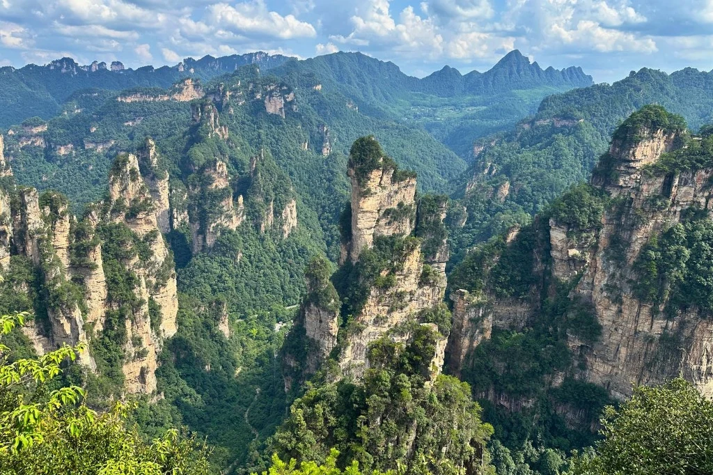 W Parku Zhangjiajie wiele zależy od pogody Wysokie, smukłe formacje skalne pokryte zielenią wśród gęstych lasów, otoczone rozległymi górami i błękitnym niebem z chmurami.