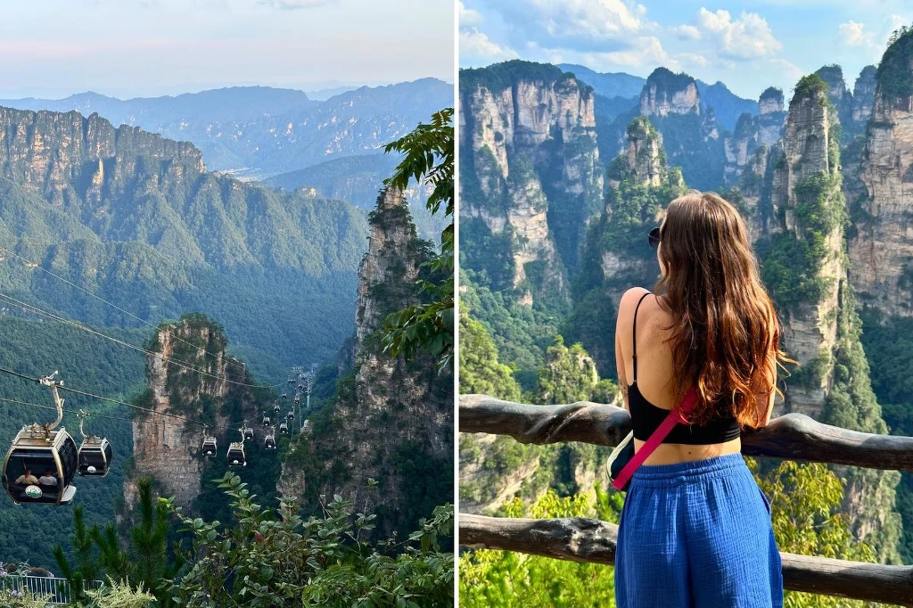 W parku na zwiedzających czeka wiele atrakcji w tym kolejki linowe Słynne skalne formacje górskie porośnięte zielenią, częściowo skąpane w słońcu, na jednym z ujęć widoczna linowa kolejka górska, na drugim kobieta z długimi włosami w niebieskich spodniach patrząca na panoramę z punktu widokowego.