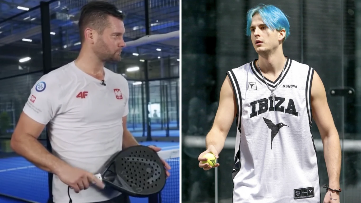 Kamil Bortniczuk i Tribbs w wolnych chwilach chętnie grają w padla Dwóch młodych mężczyzn ubranych sportowo na korcie do padla, jeden z rakietą i w białej koszulce z emblematem Polski, drugi w koszulce z napisem Ibiza i niebieskimi włosami trzyma piłkę do padla.