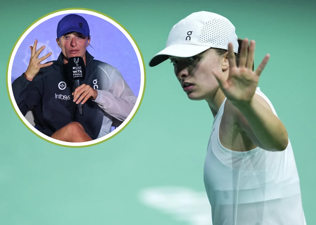 Tenisistka ubrana na sportowo z białą czapką wykonuje gest ręką na korcie, w okrągłej wstawce tenisistka w dresie i czapce odpowiada na pytania podczas konferencji prasowej.