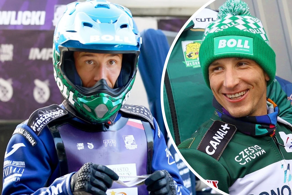 Piotr Pawlicki Sportowiec żużlowy ubrany w kombinezon i kask ochronny, obok portret tej samej osoby w czapce drużynowej, uśmiechniętej, w otoczeniu elementów klubowych oraz sponsorskich.