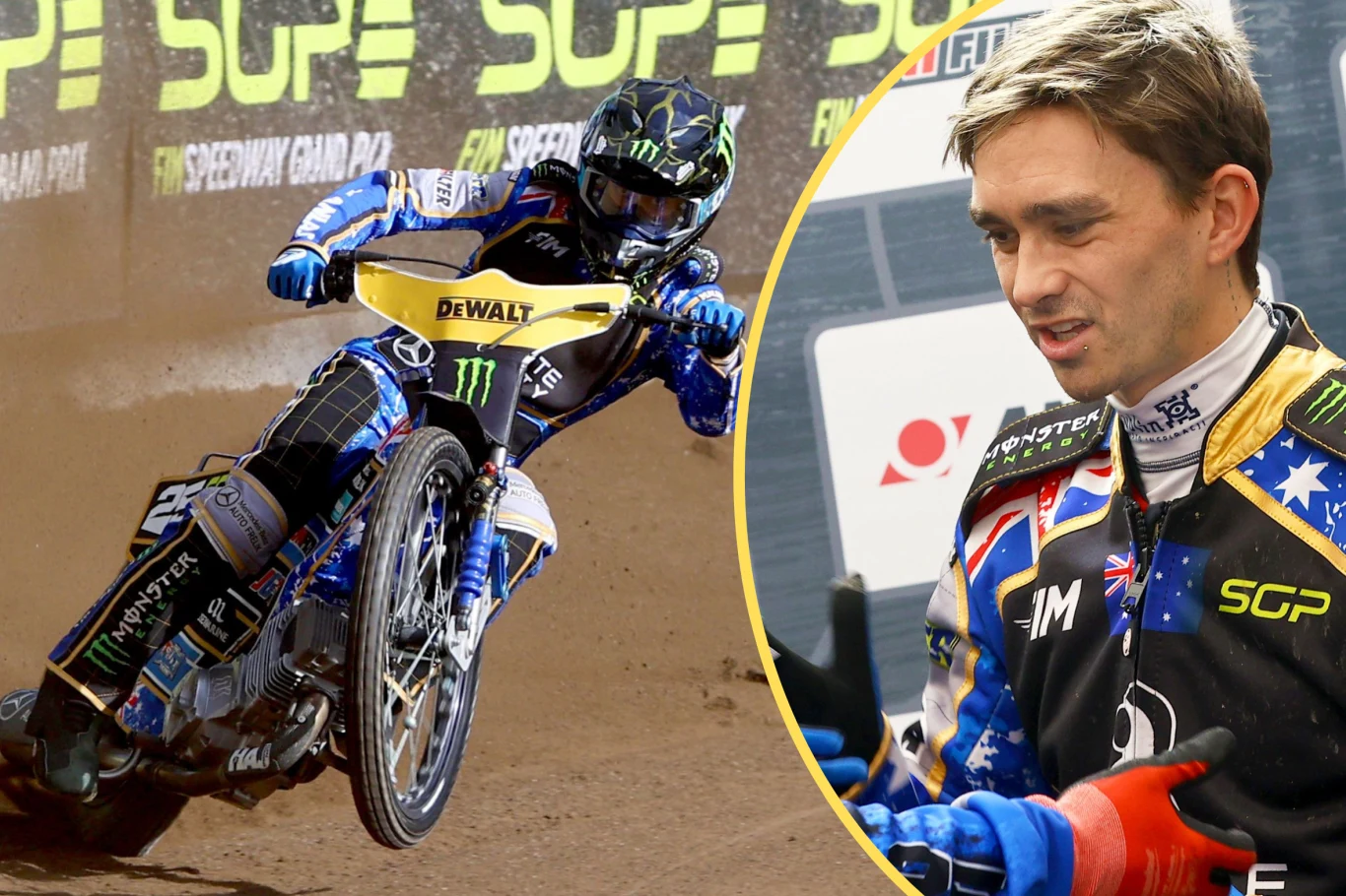 Zawodnik podczas wyścigu żużlowego na torze oraz portret tego samego zawodnika w stroju sportowym z widocznymi logotypami sponsorów.