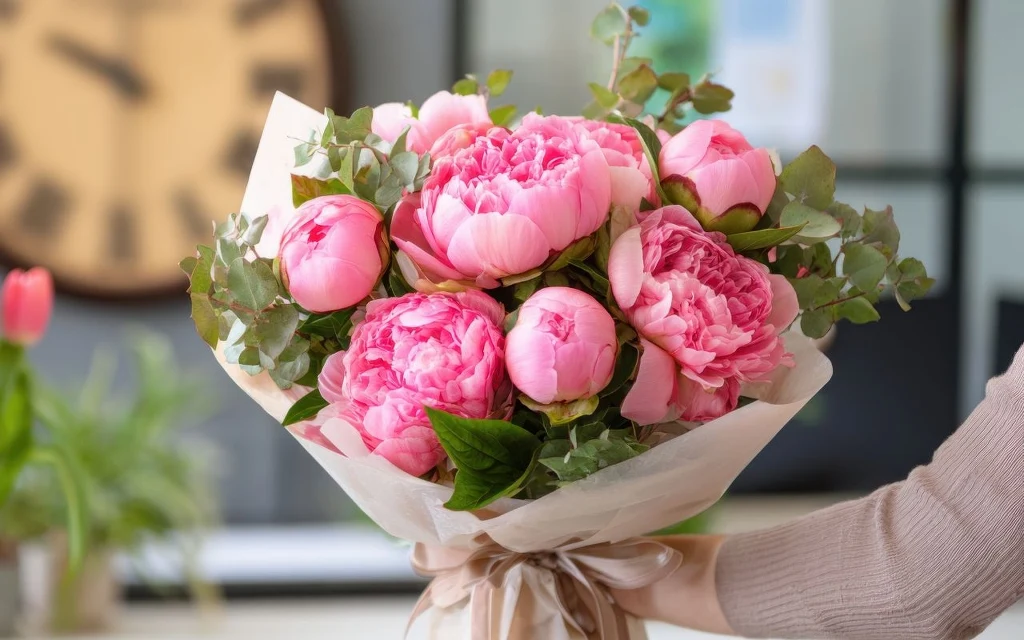 Piwonie sprzyjają relacjom romantycznym Bukiet różowych piwonii otoczony zielonymi liśćmi, przewiązany jasną wstążką, trzymany przez osobę w jasnym swetrze, w tle rozmyty zegar ścienny i elementy wnętrza.