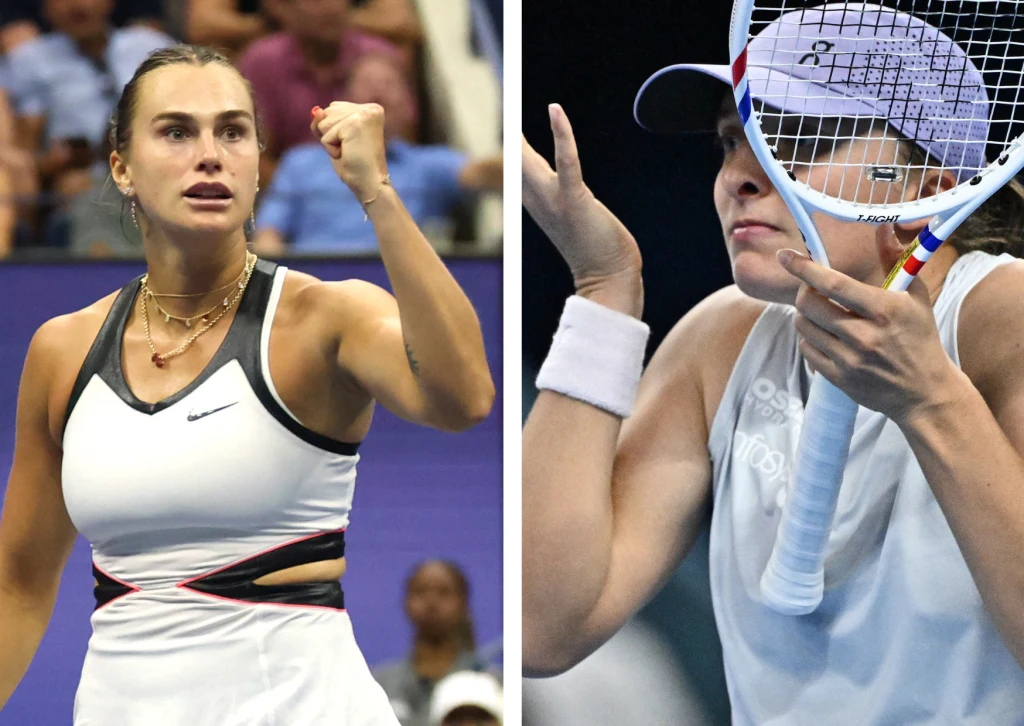 Aryna Sabalenka i Iga Świątek Dwie tenisistki na korcie w trakcie meczu, jedna pokazuje gest triumfu z uniesioną pięścią, druga wydaje się być zaskoczona lub niezadowolona, korzystając z rakiety jako zasłony przed twarzą.