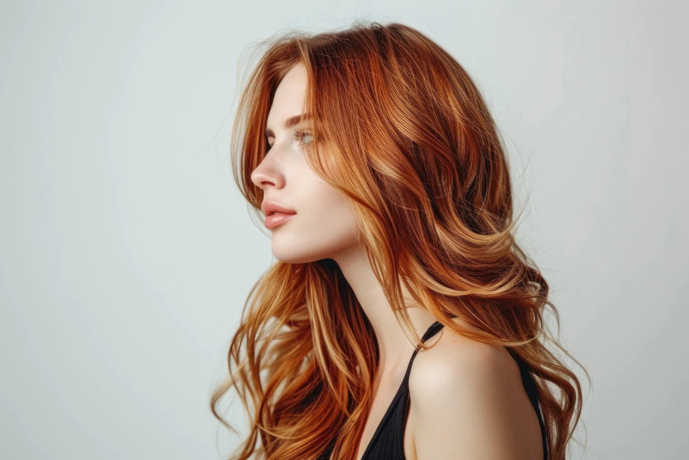 Balayage, który podkreśli urodę w chłodne dni. Zainspiruj się trendami na jesień młoda kobieta z długimi, falowanymi rudymi włosami w profilu na jasnym tle, delikatny makijaż, ubrana w czarną bluzkę na ramiączkach