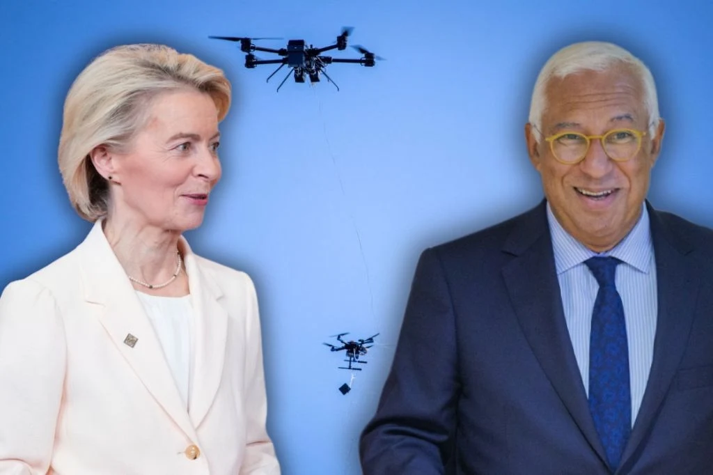 W Kopenhadze liderzy UE dyskutowali na temat utworzenia tzw. muru dronowego w Europie Dwie osoby w formalnym stroju na niebieskim tle, między nimi unoszą się dwa drony z podwieszonymi niewielkimi ładunkami.