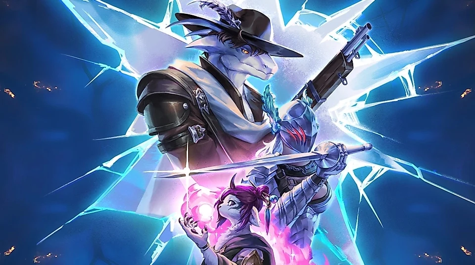 Shape of Dreams Trzech futurystycznych, antropomorficznych bohaterów w dynamicznych pozach, otoczonych niebieską energią i rozbłyskami światła; postacie w fantazyjnych strojach, jedna z bronią palną, druga w zbroi, trzecia z magiczną kulą energii.