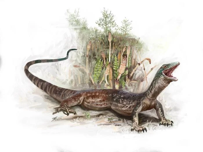 Duży prehistoryczny gad o masywnym ciele, szeroko otwartej paszczy i długim ogonie, leży na ziemi, w tle widoczne bujne paprocie i roślinność paleozoiczna.