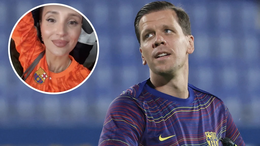 Marina była obecna na meczu Barcelony z PSG Piłkarz w sportowej koszulce z herbem klubu piłkarskiego na boisku, w lewym górnym rogu okrągłe zdjęcie kobiety w pomarańczowej koszulce z tym samym klubowym herbem, na tle niebieskich trybun.