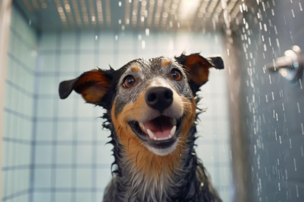 Jakie sygnały powinny niepokoić podczas linienia sierści? Uśmiechnięty, mokry pies podczas kąpieli pod prysznicem w jasnoniebieskiej łazience, krople wody opadające z góry, radosna atmosfera.