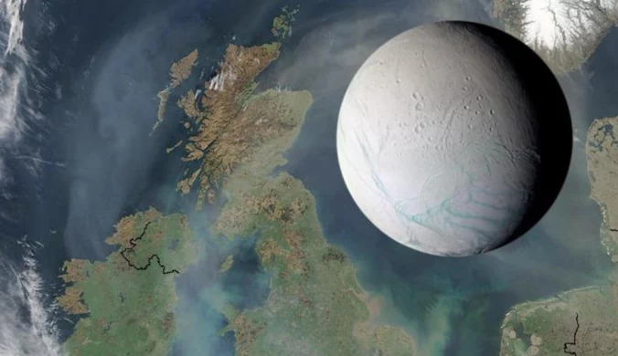 Enceladus to niewielki księżyc Saturna - jego powierzchnia wynosi ok. 800 tys. km². Dla porównania Polski - 312 696 km², a widocznych na zdjęciu Wysp Brytyjskich - 315 159 km²